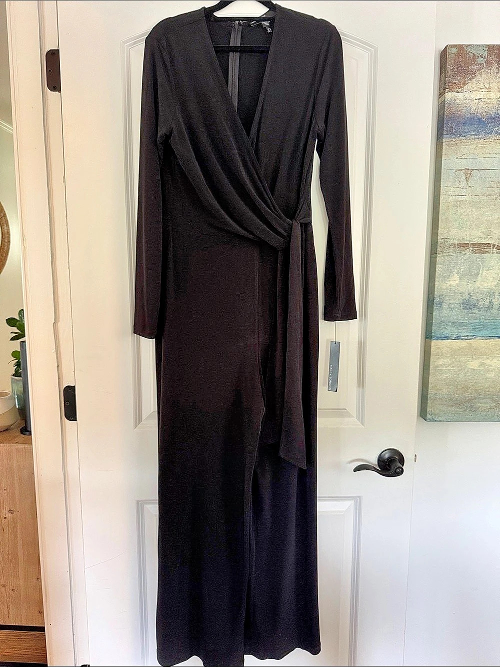 Maggy London G17946M Black Wrap Maxi Jumpsuit Size 8 NWT